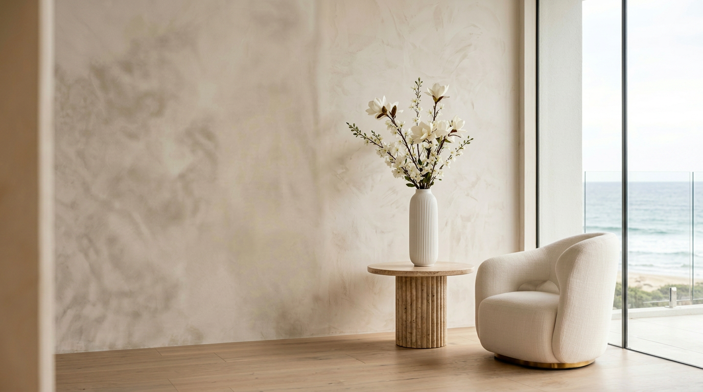 A sunlit luxury coastal home interior, considered and at rest